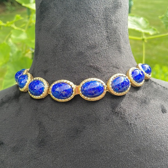 Christian Dior Lapis Lazuli Glass Cabochon Necklace and set  Earrings 80’s RARE - Picture 6 of 13